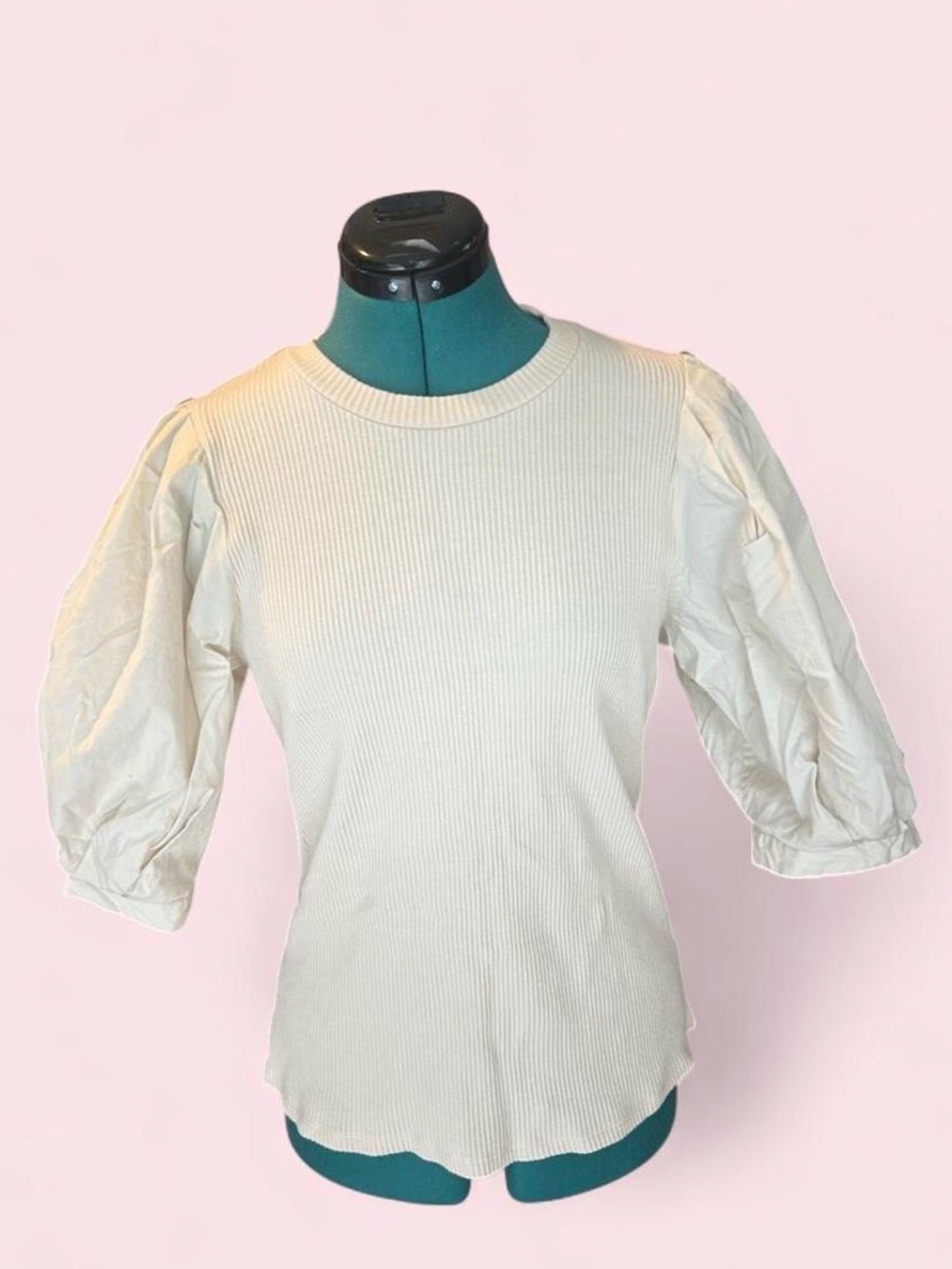 Who What Wear Womens Ribbed Top with Puffy Sleeves, Cream, Size Medium